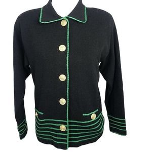 Helen Hsu Cardigan Sweater Santana Knit Black Green XS Vintage 90s Gold Buttons